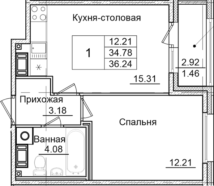 1-комнатная квартира 36.24 м², 2/9 эт., ЖК «Квартал Заречье»